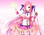  1girl blush character_name hair_ornament hairpin long_hair lucia microphone microphone_stand midriff pangya pink_hair red_eyes star thighhighs wink yuuki_kira 