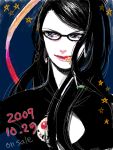  bayonetta bayonetta_(character) black_hair glasses long_hair mole ribbon 