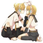  blonde_hair brother_and_sister closed_eyes hair_ornament hair_ribbon hairclip headphones incipient_kiss kagamine_len kagamine_rin kneeling midriff ribbon short_hair shuri_(sprouthanxx) siblings simple_background sitting twins vocaloid 