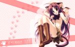  animal_ears boots bow bowtie cat_ears cat_tail frills hair_ornament hand_behind_head hat highres large_bow open_mouth panties paw_print ribbon ryohka ryouka_(suzuya) sitting skirt striped striped_panties tail tareme underwear wallpaper 