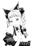  bangs bow braid breasts bust cat_ears cleavage extra_ears finger_to_mouth hair_bow hair_ribbon hands kaenbyou_rin large_breasts monochrome portrait ribbon sawasawa short_hair touhou twin_braids twintails 