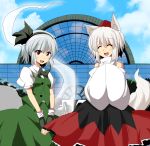  2girls alternate_hairstyle animal_ears building contemporary detached_sleeves fingerless_gloves ghost gloves hairband hands_in_sleeves happy hat inubashiri_momiji konpaku_youmu konpaku_youmu_(ghost) lavender_eyes multiple_girls open_mouth ponytail red_eyes ribbon short_hair silver_hair skirt smile suna_(sunaipu) sunaipu tail tokin_hat touhou wolf_ears wolf_tail 