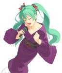  enka hands hatsune_miku japanese_clothes kimono kuroko_(piii) microphone open_mouth twintails vocaloid 