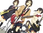  bass_guitar brown_eyes brown_hair drum drum_set dutch_angle guitar instrument kajiki les_paul long_hair microphone microphone_stand multiple_girls necktie original ponytail school_uniform short_hair simple_background strat(guitar) 