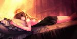  bare_shoulders bed blonde_hair dress gun hair_over_one_eye long_hair lying on_stomach original pillow purple_eyes solo sugimo violet_eyes weapon 