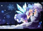  bloomers blue_hair cirno hand_holding hands happy hat holding_hands lavender_hair letterboxed letty_whiterock multiple_girls oimo purple_eyes short_hair snow snowflakes thigh-highs thighhighs touhou wings winter 