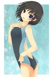  amagami black_hair competition_swimsuit highres looking_back minase_kaya nanasaki_ai one-piece_swimsuit purple_eyes short_hair swimsuit violet_eyes 