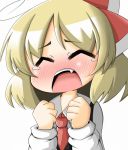  blonde_hair blush closed_eyes fang hair_ribbon mori_181 necktie open_mouth ribbon rumia short_hair solo tears touhou 