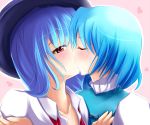  blue_hair blush hat hinanawi_tenshi kiss long_hair multiple_girls red_eyes sakura_ani short_hair syanayuuji tatara_kogasa touhou yuri 