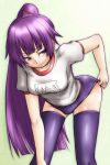  bakemonogatari blue_eyes buruma gym_uniform highres izayan long_hair monogatari_(series) ponytail purple_hair senjougahara_hitagi thigh-highs thighhighs very_long_hair 