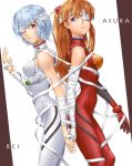  ayanami_rei back-to-back back_to_back bandage bandages blue_eyes blue_hair brown_hair hand_holding highres holding_hands long_hair multiple_girls neon_genesis_evangelion plugsuit red_eyes shikinami_asuka_langley short_hair souryuu_asuka_langley tattaka 