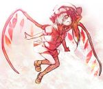  bad_id fang flandre_scarlet flying hat monochrome open_mouth outstretched_arms red side_ponytail spot_color spread_arms touhou utsugi_(skydream) wings yellow_eyes 