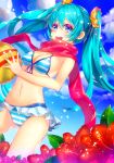  1girl absurdres aqua_eyes aqua_hair ball beachball bikini flower hatsune_miku highres long_hair nonomaro smile solo swimsuit twintails vocaloid 