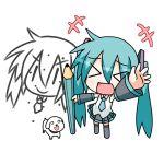  chibi_miku child_drawing detached_sleeves dog drawing hamo_(dog) hatsune_miku minami_(colorful_palette) pencil simple_background twintails vocaloid wooden_pencil 