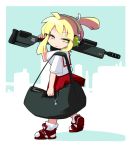  beanie blonde_hair character_request duffel_bag ear_protection gun hat headphones iris_(material_sniper) material_sniper over_shoulder rifle solo squinting ugif weapon weapon_over_shoulder 