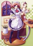  cup diorama food fork glass highres knee_boots knife ko~cha maid maid_headdress pantyhose red_hair redhead tray twintails vase window 
