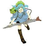  bag bike_shorts blue_eyes blue_hair boots excited gun hair_bobbles hair_ornament happy hat highres kawashiro_nitori key legs machine_gun mg42 open_mouth running sleeves_rolled_up smile sugi touhou twintails weapon 