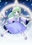 blue_skirt danmaku detached_sleeves gohei green_hair hair_ornament kochiya_sanae long_hair magic_circle meta_ooyake outstretched_arms skirt solo spread_arms touhou