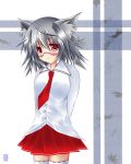  alternate_costume animal_ears arms_behind_back bespectacled blush breasts contemporary glasses inubashiri_momiji large_breasts natsume_tsuki necktie red_eyes school_uniform short_hair silver_hair skirt thigh-highs thighhighs touhou wolf_ears zettai_ryouiki 