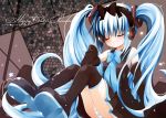  blue_hair catbell closed_eyes detached_sleeves hatsune_miku headphones legs long_hair panties ribbon skirt solo striped striped_panties thigh-highs thighhighs twintails underwear very_long_hair vocaloid 