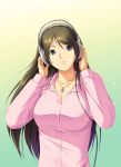  breasts brown_hair cleavage harii_(pixiv) headphones highres jewelry long_hair necklace original solo 