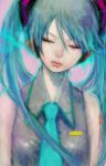  closed_eyes detached_sleeves green_hair hatsune_miku headphones lips long_hair necktie pon twintails vocaloid 