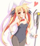  animal_ears bardiche bare_shoulders blonde_hair blush bow_tie bowtie bunny_ears bunnysuit clothed_navel dansa fate_testarossa hand_on_hip heart long_hair mahou_shoujo_lyrical_nanoha mahou_shoujo_lyrical_nanoha_a&#039;s mahou_shoujo_lyrical_nanoha_a's open_mouth pantyhose rabbit_ears red_eyes smile tail twintails wide_hips wrist_cuffs 