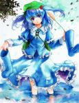  backpack bag blue_eyes blue_hair boots cattail cattail_(plant) geroro hair_bobbles hair_ornament hat holding holding_shoes kawashiro_nitori plant solo touhou twintails water 