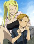  blonde_hair breasts embarrassed fullmetal_alchemist grin kl ponytail smile wet wince winry_rockbell 