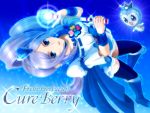  aono_miki berry_sword blue_background blue_eyes burun character_name cure_berry fresh_precure! fresh_pretty_cure! futari_wa_pretty_cure long_hair magical_girl precure purple_hair sekken_kasu_barrier solo thigh-highs thighhighs title_drop wand 