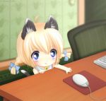  :p ahoge animal_ears bell blonde_hair blue_eyes bow braid cat_ears cat_tail chibi computer_keyboard computer_mouse desk hair_bow hitana indoors jingle_bell lowres outstretched_arm outstretched_hand petite reaching solo tail tareme tongue twin_braids 