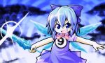  &#9320; ? blue_eyes blue_hair bow cirno fang hair_bow ice ice_sword meta_ooyake outstretched_arms short_hair solo spread_arms sword touhou weapon wings 
