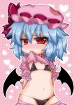  1girl bat_wings bikini black_bikini blue_hair commentary_request embarrassed looking_at_viewer mob_cap mouth_hold navel noai_nioshi red_eyes remilia_scarlet short_hair sketch solo sweat swimsuit touhou undressing wings 
