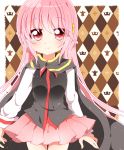  1girl cape checkered checkered_background hair_ornament highres kyapinetzu long_hair looking_at_viewer original pink_eyes pink_hair pleated_skirt skirt smile solo 