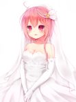  1girl ahoge alternate_costume bare_shoulders breasts bridal_veil cleavage dress elbow_gloves flower gloves hair_flower hair_ornament hands_together i-58_(kantai_collection) kantai_collection nachi pink_eyes pink_hair short_hair veil wedding_dress white_background white_gloves 