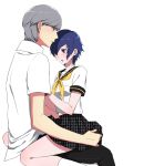  1boy 1girl absurdres alternate_costume blue_eyes blue_hair couple grey_eyes grey_hair highres iketsuko narukami_yuu persona persona_4 school_uniform serafuku shirogane_naoto short_hair sitting sitting_on_lap sitting_on_person skirt 