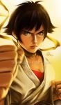 1girl black_hair bra breasts brown_eyes bust cleavage clenched_hands close-up dougi fighting_stance lips lixin_wang makoto_(street_fighter) nose red_bra scarf short_hair solo street_fighter tomboy underwear 