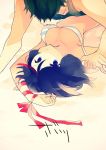  1boy 1girl anko_(kirikiri) bra kill_la_kill lying matoi_ryuuko on_back ribbon sanageyama_uzu short_hair striped striped_bra underwear 