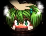  1girl blush bucket green_eyes green_hair hair_bobbles hair_ornament hand_on_head harusame_(unmei_no_ikasumi) in_bucket in_container kisume petticoat pov_hands touhou twintails 