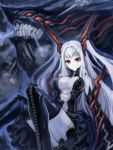  1girl bare_shoulders black_legwear breasts detached_sleeves edobox large_breasts long_hair looking_at_viewer monster original red_eyes smile solo thigh-highs white_hair 