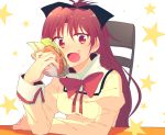  1girl bow chair eating fang food food_on_face hair_bow hamburger mahou_shoujo_madoka_magica mizuki_(flowerlanguage) red_eyes redhead sakura_kyouko school_uniform sitting 