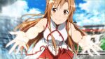  1girl asuna_(sao) brown_eyes brown_hair fountain game_cg long_hair looking_at_viewer outstretched_arms skirt smile solo spread_arms sword_art_online sword_art_online:_hollow_fragment water yuuki_asuna 