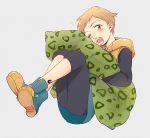  1boy blush boots brown_eyes brown_hair floating grey_background jacket king_(nanatsu_no_taizai) looking_at_viewer nanatsu_no_taizai omari open_mouth pants pillow pillow_hug shirt short_hair simple_background solo tattoo yawning 