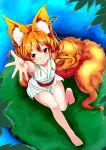  1girl animal_ears bare_legs barefoot blonde_hair fox_ears fox_tail highres japanese_clothes kimono looking_up noa_(nagareboshi) original outstretched_arm outstretched_hand red_eyes short_hair short_kimono solo tail water 
