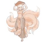  1girl alternate_costume animal_ears barefoot blush feet fox_ears fox_tail hat highres kuro_suto_sukii looking_at_viewer monochrome multiple_tails short_hair simple_background sketch solo tail toes touhou white_background yakumo_ran 