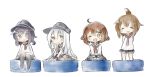  4girls ^_^ akatsuki_(kantai_collection) arms_behind_back blue_eyes blue_hair brown_eyes brown_hair closed_eyes fang folded_ponytail hair_ornament hairclip hat hibiki_(kantai_collection) hisui_(kimochi) ikazuchi_(kantai_collection) inazuma_(kantai_collection) kantai_collection long_hair looking_at_viewer multiple_girls neckerchief one_eye_closed open_mouth pantyhose school_uniform serafuku silver_hair sitting skirt smile very_long_hair wariza 