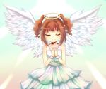  1girl brown_hair closed_eyes gagaga halo hands_clasped idolmaster short_hair smile solo takatsuki_yayoi white_wings wings 