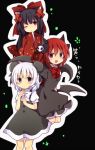  3girls :d animal_ears bat_wings black_eyes black_hair bow cat_ears character_request hair_bow hair_ornament hair_ribbon heterochromia japanese_clothes kimono long_hair looking_at_viewer mouse_ears multiple_girls one_eye_closed open_mouth redhead ribbon short_hair smile tears towelket_wo_mou_ichido translation_request uguisu_mochi_(ykss35) white_hair wings 
