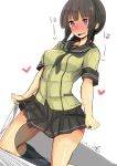  1girl black_hair black_legwear black_skirt blush fang heart kantai_collection kitakami_(kantai_collection) kneehighs long_hair open_mouth rib:y(uhki) sailor_collar short_sleeves simple_background skirt skirt_lift solo sweatdrop text violet_eyes white_background 