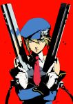  1girl bare_shoulders beret blazblue blonde_hair bolverk border crossed_arms detached_sleeves dual_wielding flat_color gloves green_eyes gun handgun hat high_contrast highres necktie noel_vermillion screencap soejima_shigenori solo weapon 